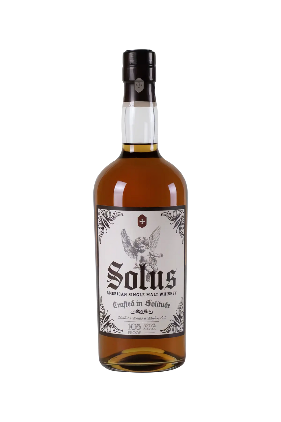 Bottle of Solus American Single Malt Whiskey on a white background